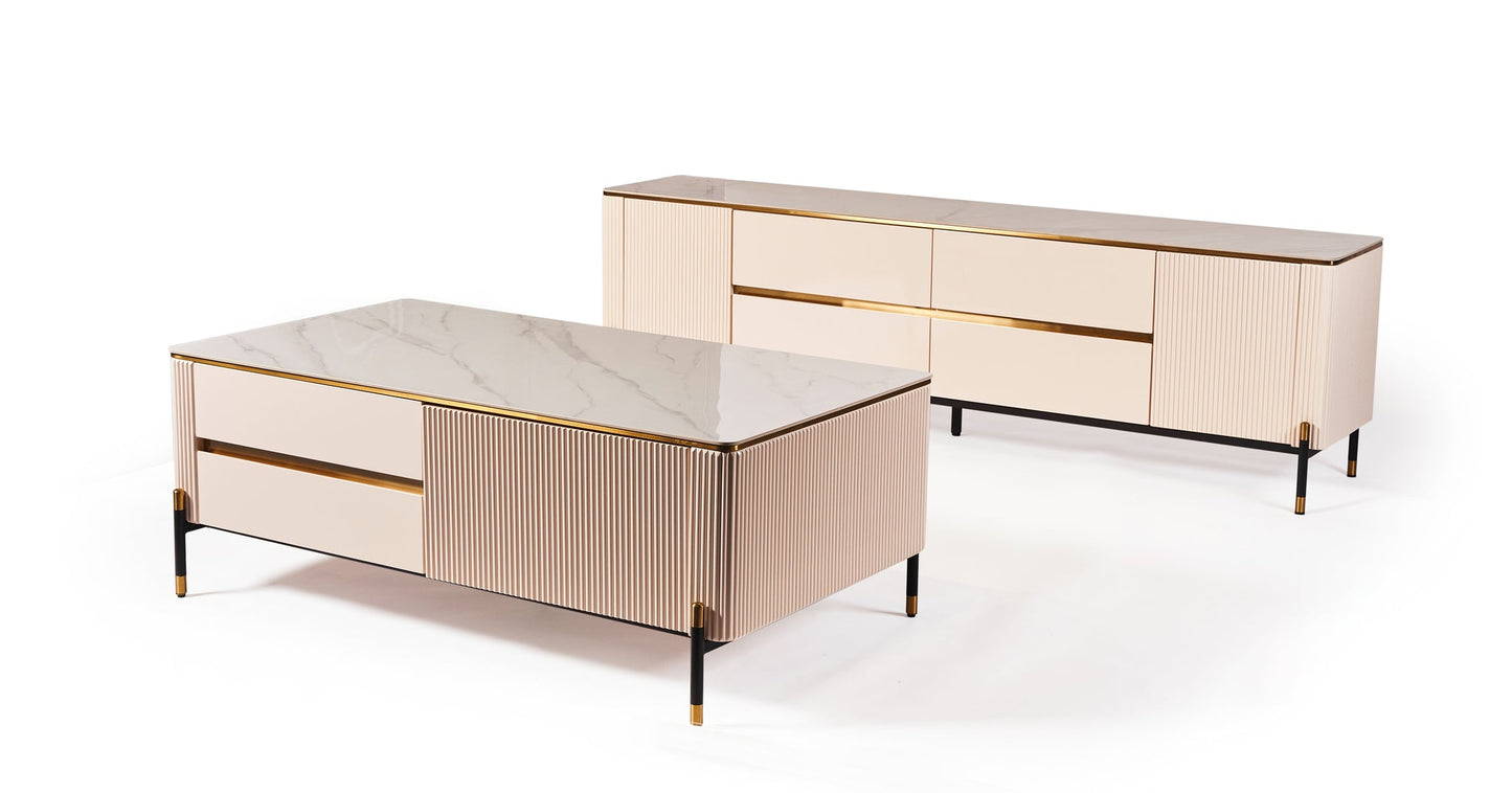 Bella Ribbed Furniture Range - Tv Unit - White & Gold