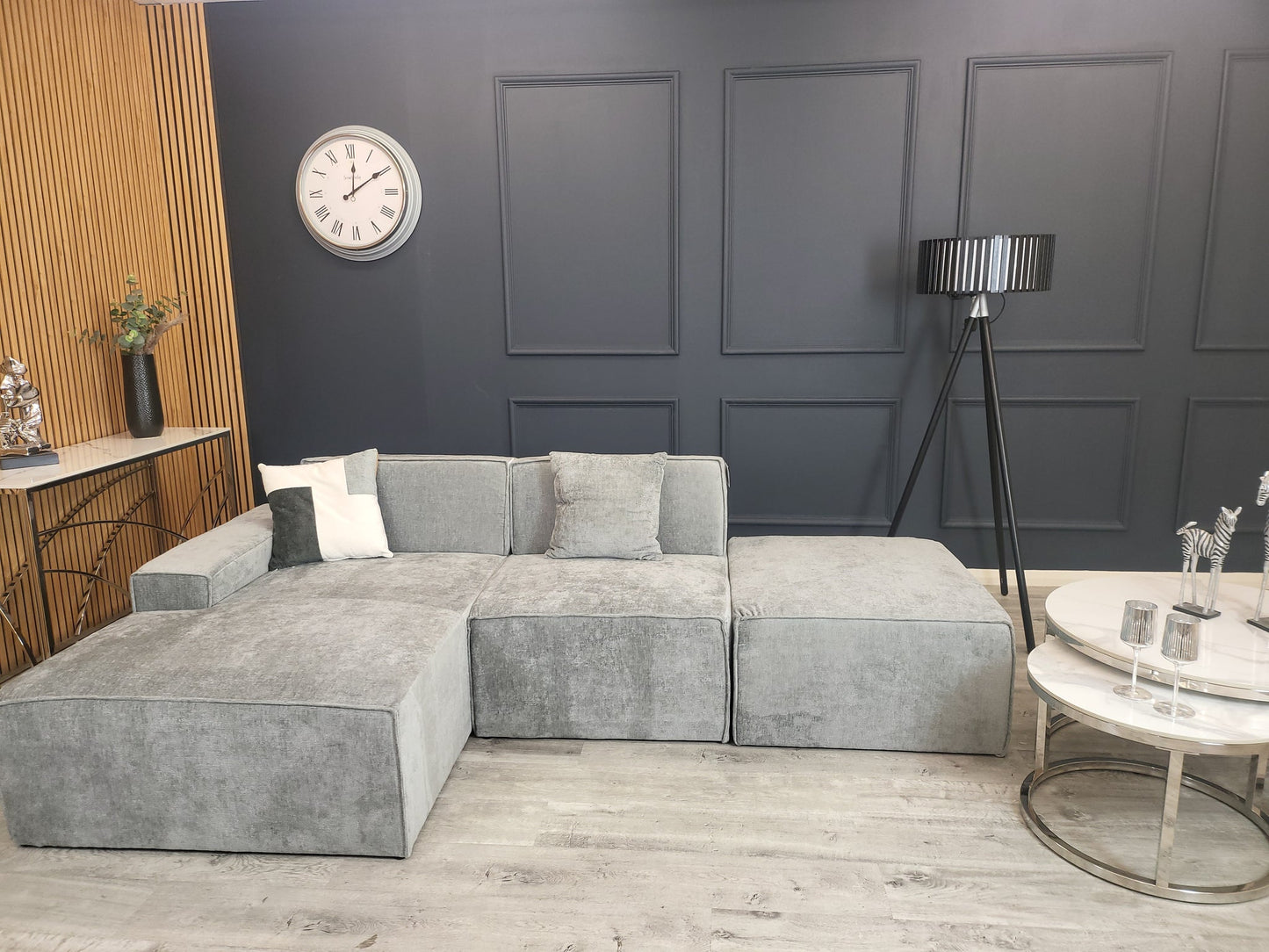 The Atlanta Premium Silver Grey Textured Chenille Corner Modula Sofa Fabric Left Or Right Hand