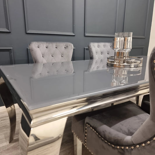 Louis 2m Table in Grey Glass with 4 Megan Chairs