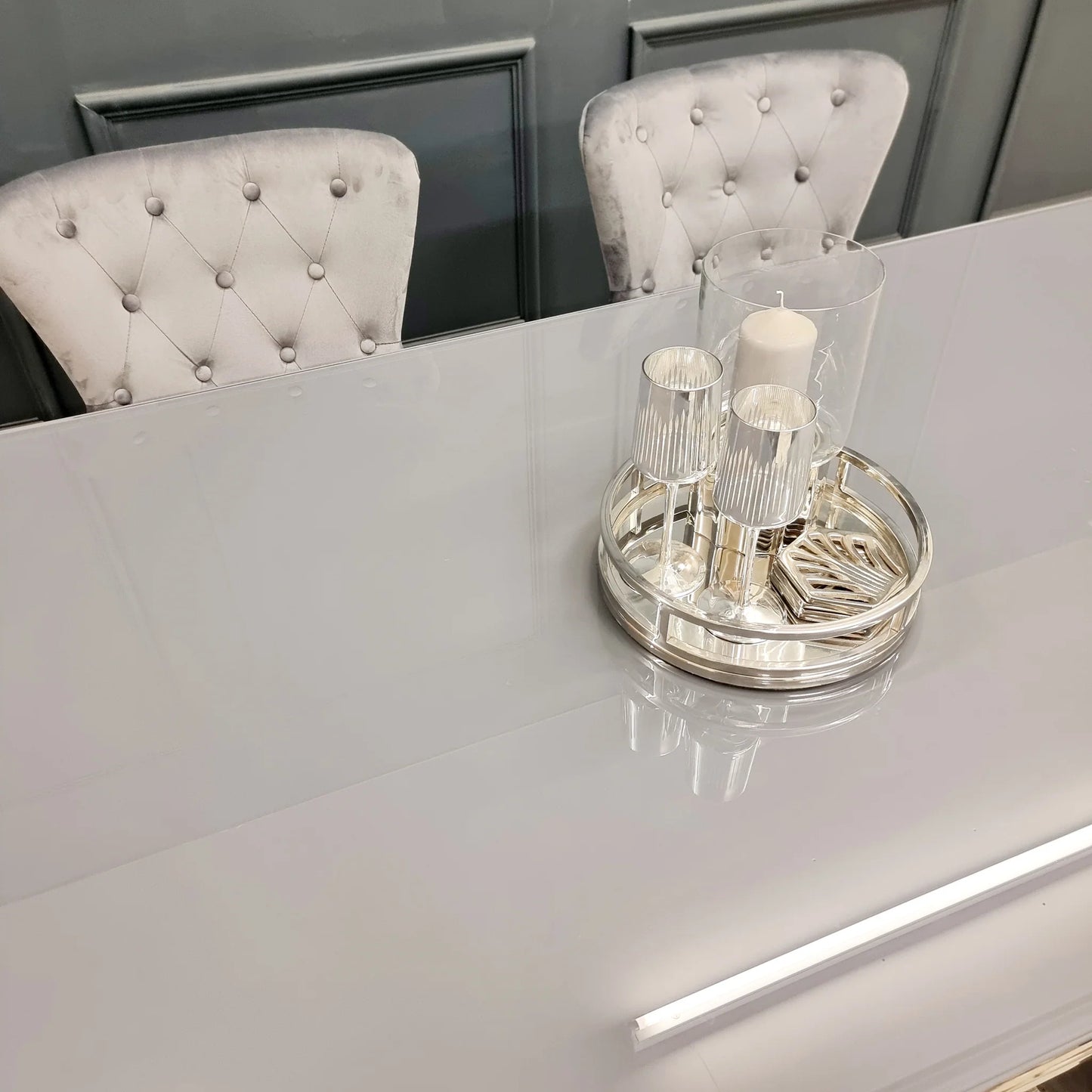 Louis 2m Table in Grey Glass with 4 Megan Chairs