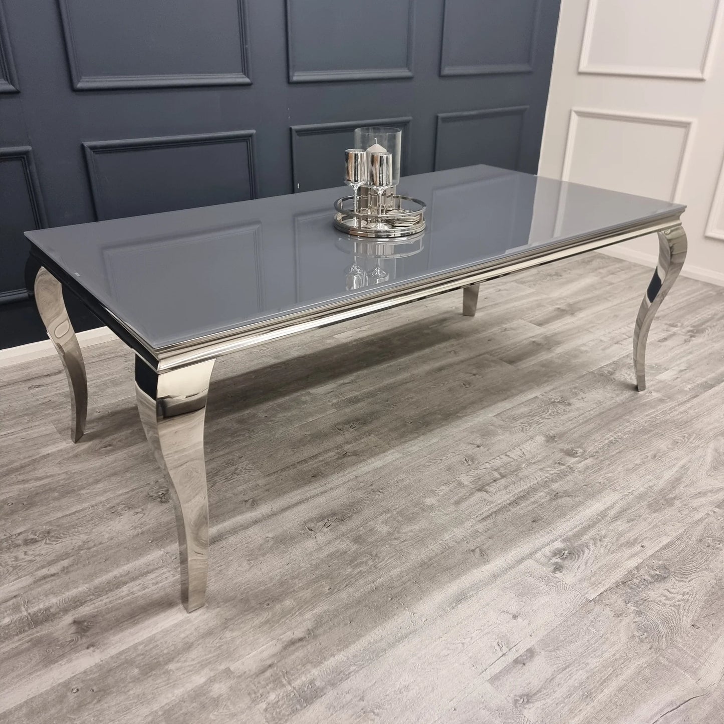 Louis 2m Table in Grey Glass with 4 Megan Chairs