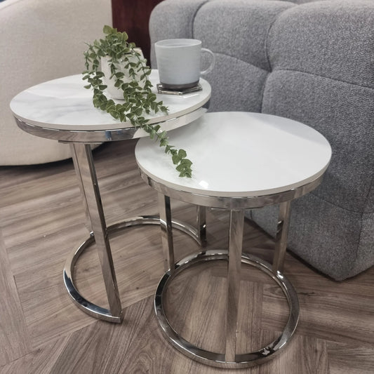 Cato Nest of 2 Tall Silver End Tables with Polar White Sintered Stone Top