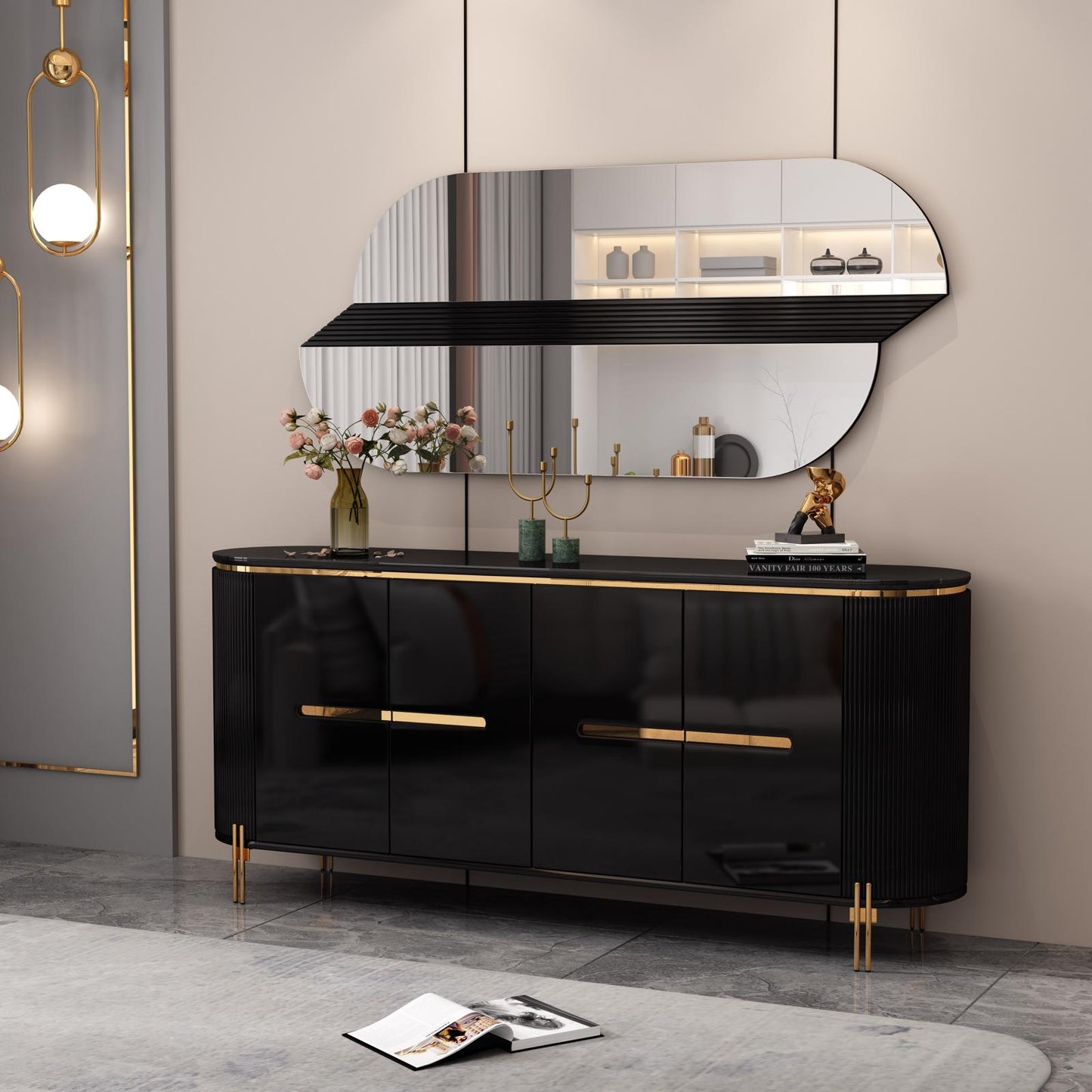 Octavia Black & Gold High Gloss Mirror & Sideboard Set