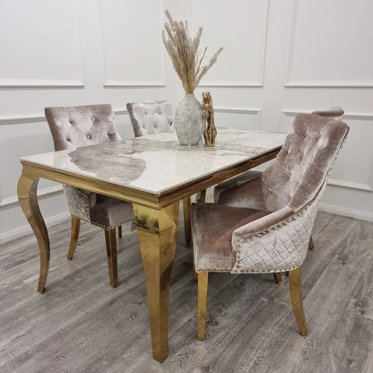 Louis Dining Table Gold with Glass/Sintered Stone Top (All Colours) 2M + Bentley Gold Chairs