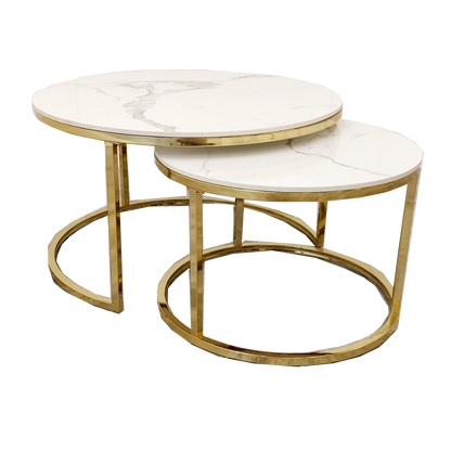 Cato Nest of 2 Short Round Coffee Gold Tables with Polar White Sintered Stone Tops