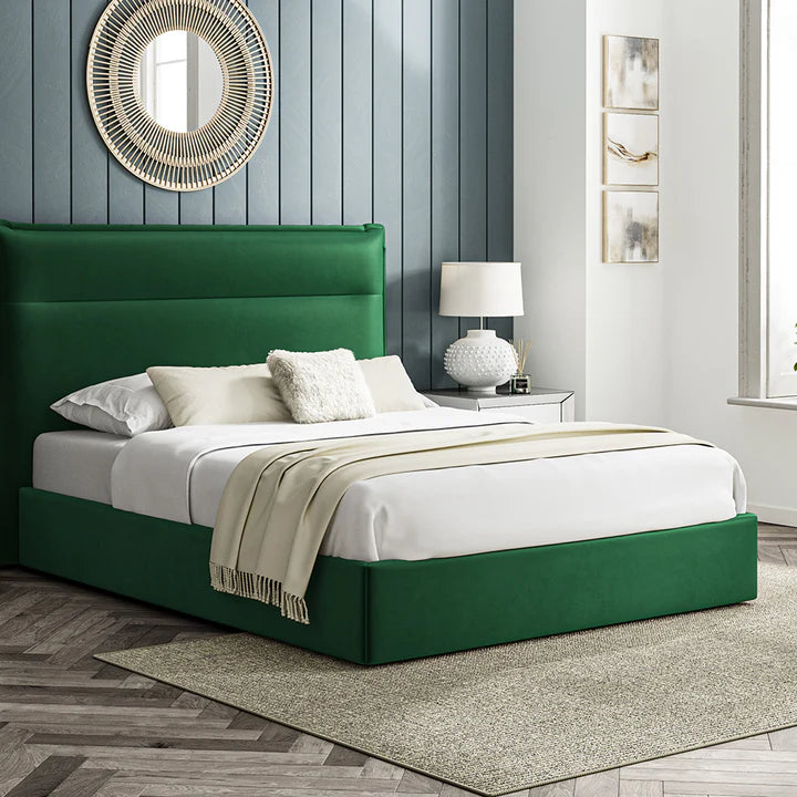 Pedro Fabric Ottoman Bed Velvet Green - 4'6 Double Fabric Bedframe Only