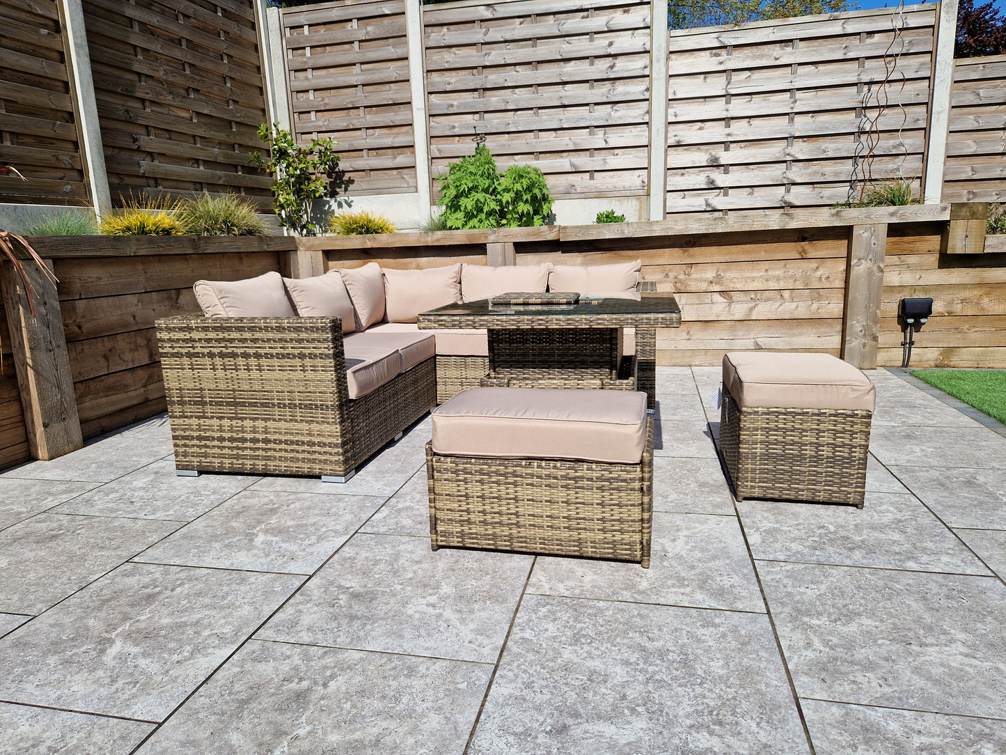 Georgia Corner Rattan Hi/Low Dining Set Nature/Brown With Ice Bucket