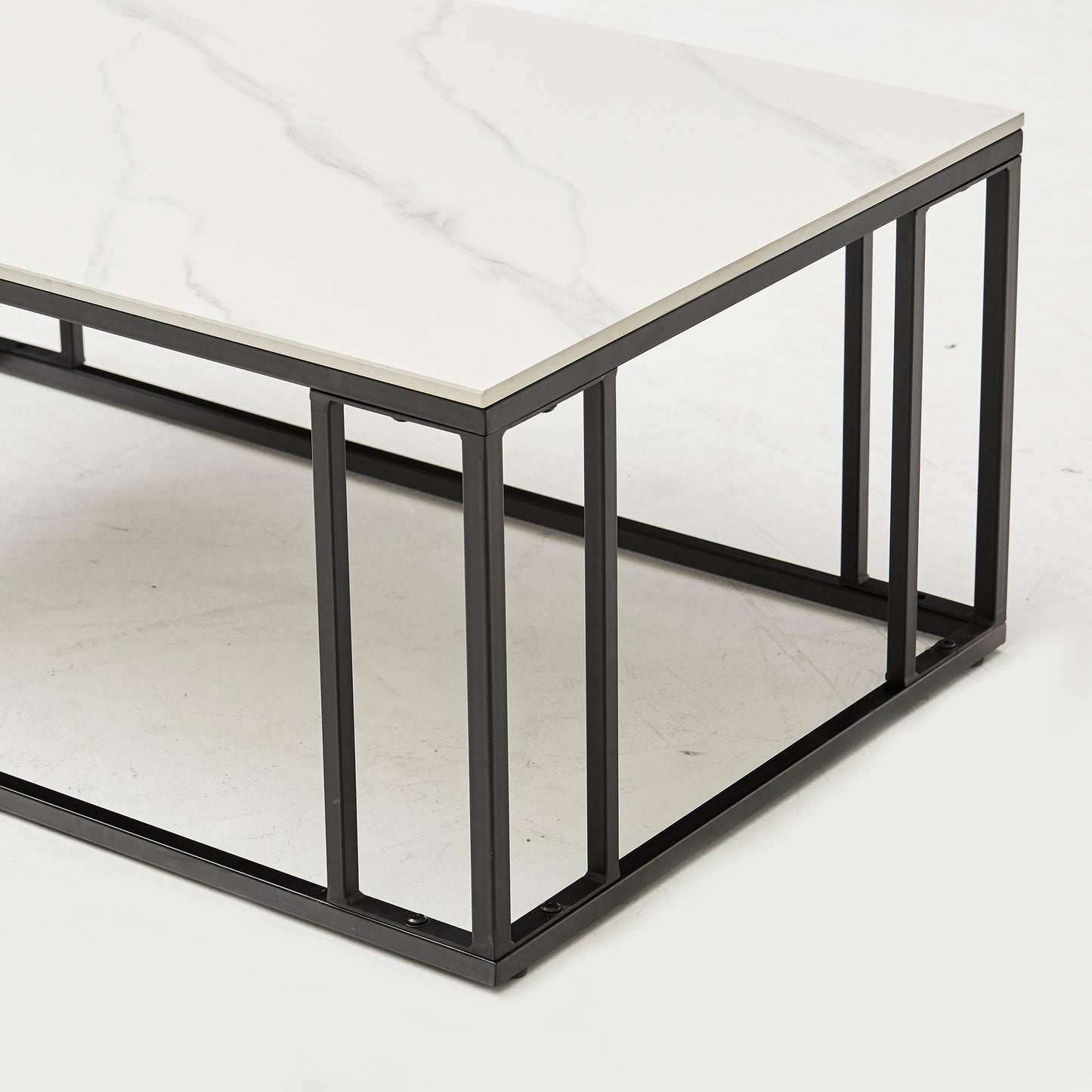 Leo Coffee Table Polar White Sintered Stone Top with Matt Black Powder Coated Metal Legs