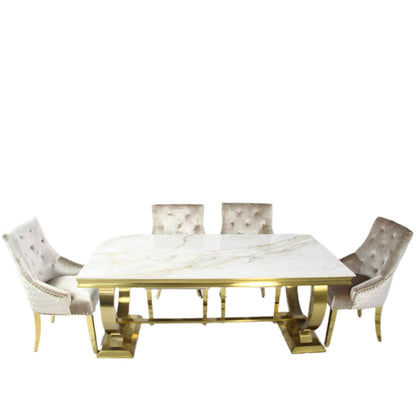 Arianna/Chelsea Gold 180cm Kasi Gold Ceramic Dining Table + 4/6 Roma Mink Dining Chair Lion Knocker Chairs