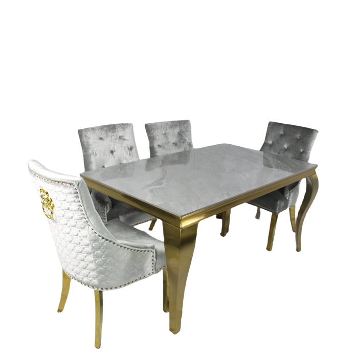 Louis Gold Grey Ceramic Dining Table 1.8M + 4/6 Roma Silver Grey Dining Chair