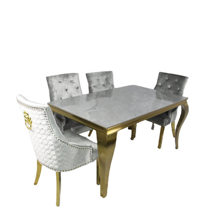 Louis Gold Grey Ceramic Dining Table 1.8M + 4/6 Roma Silver Grey Dining Chair