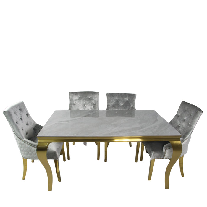 Louis Gold Grey Ceramic Dining Table 1.8M + 4/6 Roma Silver Grey Dining Chair