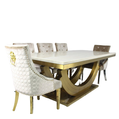 Monaco Gold 2m Cream Marble Dining Table + 4/6 Roma Mink/Silver Grey Dining Chair