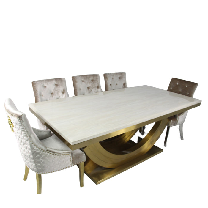 Monaco Gold 2m Cream Marble Dining Table + 4/6 Roma Mink/Silver Grey Dining Chair