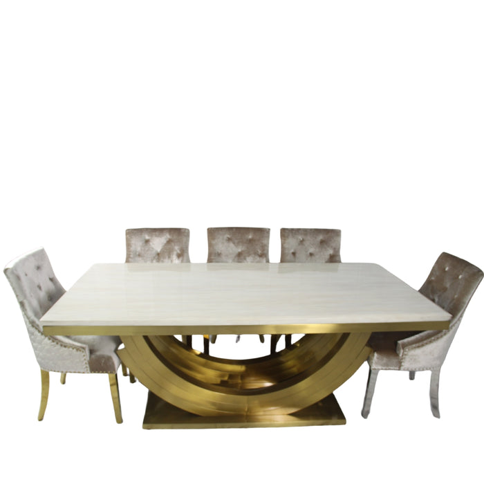 Monaco Gold 2m Cream Marble Dining Table + 4/6 Roma Mink/Silver Grey Dining Chair