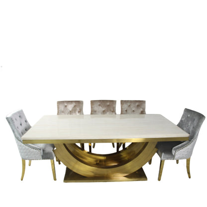 Monaco Gold 2m Cream Marble Dining Table + 4/6 Roma Mink/Silver Grey Dining Chair