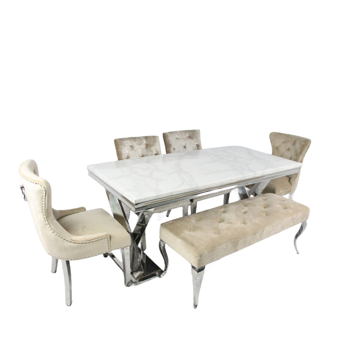 Xavia/Winsor 1.8 White Marble Dining Table +4 Chelsea Mink Chairs + Lewis Plush Mink Bench 130cm