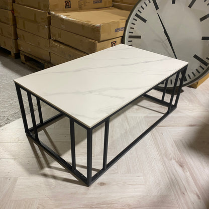 Leo Coffee Table Polar White Sintered Stone Top with Matt Black Powder Coated Metal Legs