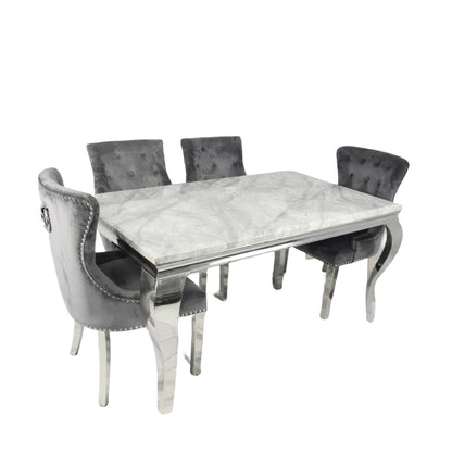 Louis 1.5M Grey Dining Table + 4 Dark Grey Chelsea Dining Ring Knocker Chairs