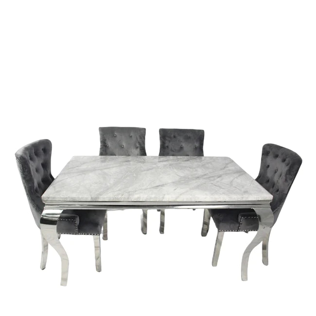 Louis 1.5M Grey Dining Table + 4 Dark Grey Chelsea Dining Ring Knocker Chairs