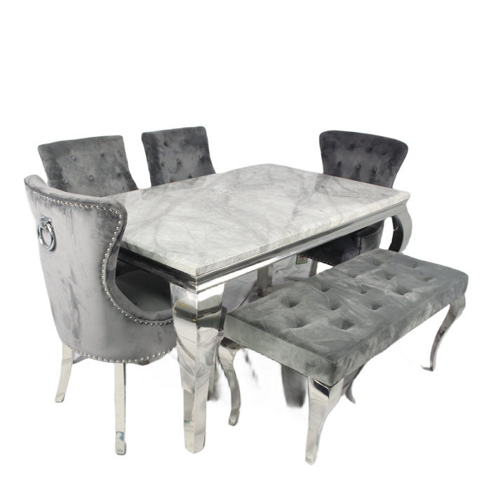 Louis 1.5M Grey Dining Table + 4 Dark Grey Chelsea Dining Ring Knocker Chairs + Louis Bench 130cm