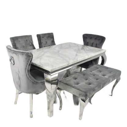 Louis 1.5M Grey Dining Table + 4 Dark Grey Chelsea Dining Ring Knocker Chairs + Louis Bench 130cm