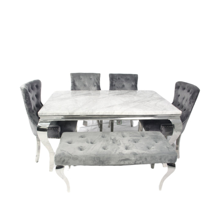 Louis 1.5M Grey Dining Table + 4 Dark Grey Chelsea Dining Ring Knocker Chairs + Louis Bench 130cm