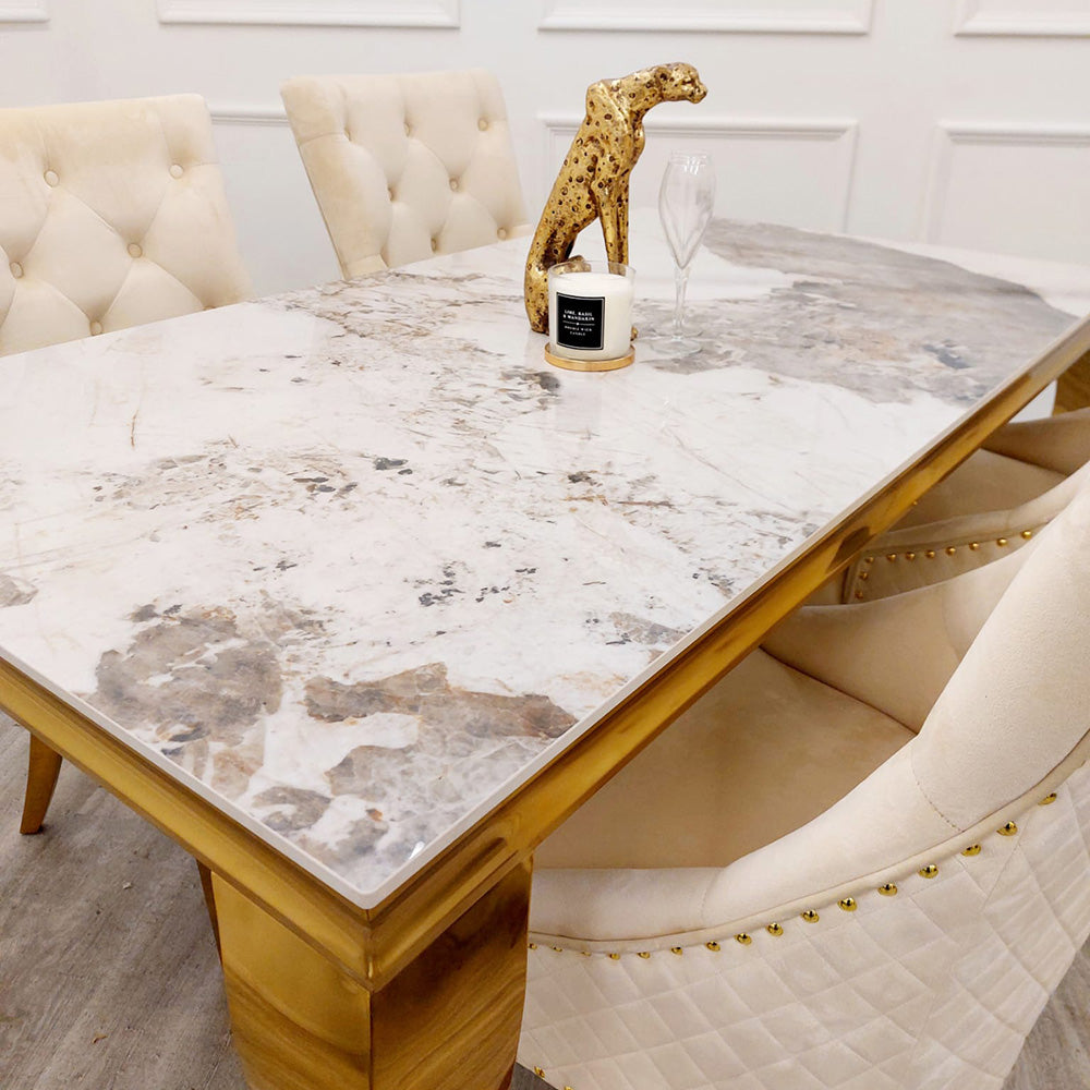 Louis Dining Table Gold with Glass/Sintered Stone Top (All Colours) 2M + Bentley Gold Chairs