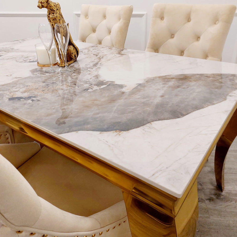 Louis Dining Table Gold with Glass/Sintered Stone Top (All Colours) 2M + Bentley Gold Chairs