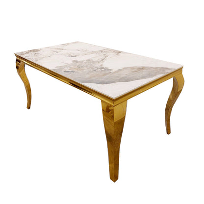 Louis Dining Table Gold with Glass/Sintered Stone Top (All Colours) 2M + Bentley Gold Chairs