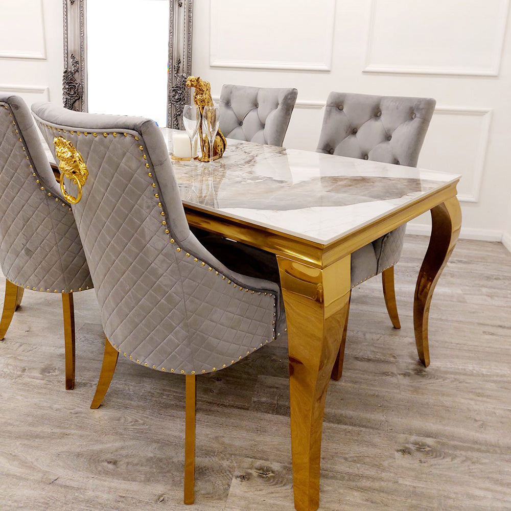 Louis Dining Table Gold with Glass/Sintered Stone Top (All Colours) 2M + Bentley Gold Chairs