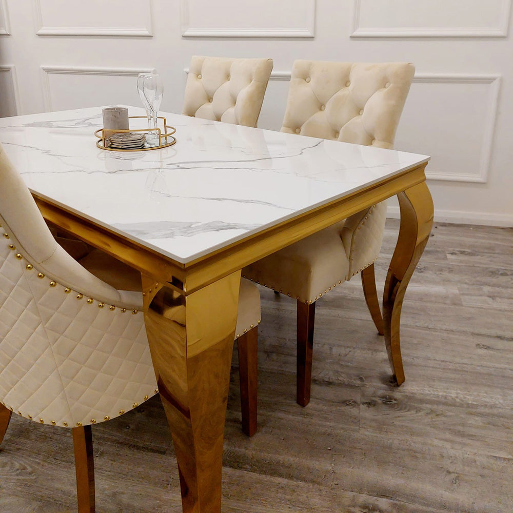 Louis Dining Table Gold with Glass/Sintered Stone Top (All Colours) 2M + Bentley Gold Chairs