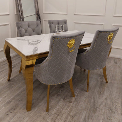 Louis Dining Table Gold with Glass/Sintered Stone Top (All Colours) 2M + Bentley Gold Chairs