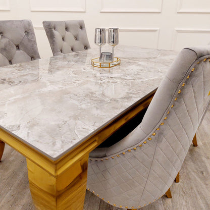 Louis Dining Table Gold with Glass/Sintered Stone Top (All Colours) 2M + Bentley Gold Chairs