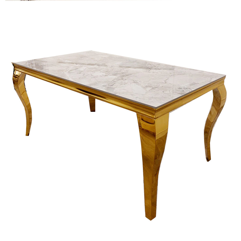 Louis Dining Table Gold with Glass/Sintered Stone Top (All Colours) 2M + Bentley Gold Chairs