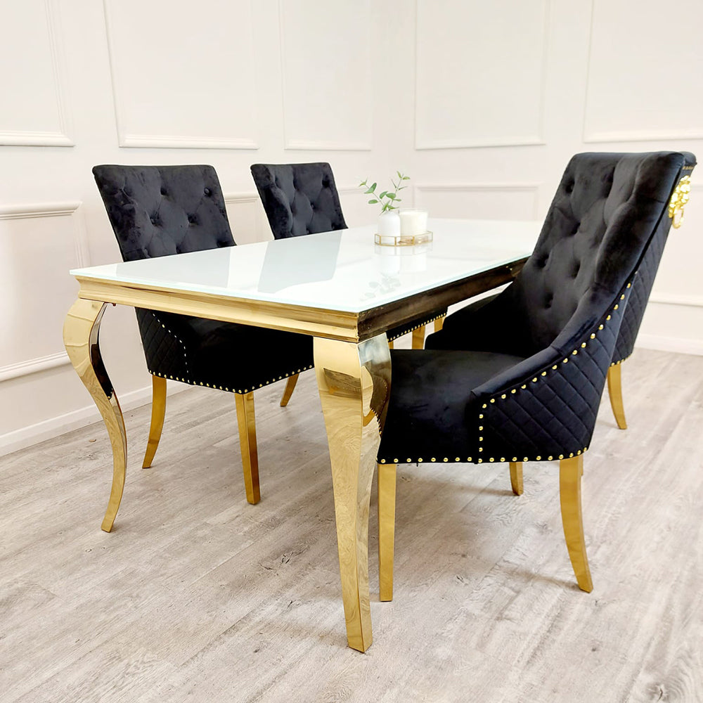 Louis Dining Table Gold with Glass/Sintered Stone Top (All Colours) 2M + Bentley Gold Chairs