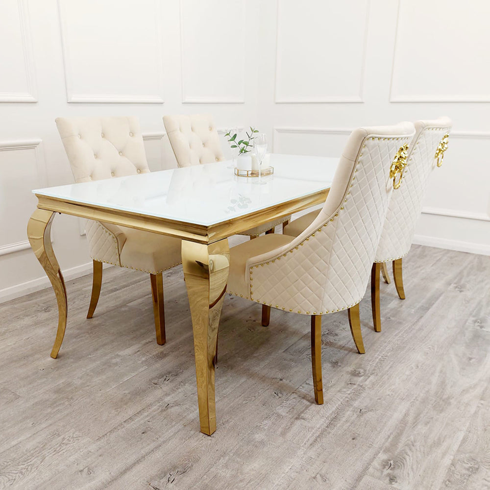 Louis Dining Table Gold with Glass/Sintered Stone Top (All Colours) 2M + Bentley Gold Chairs