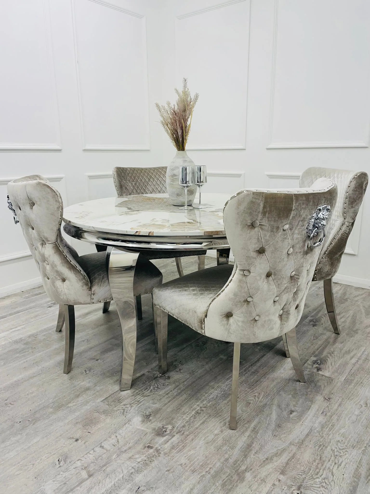 Louis 150cm Grey Marble Dining Table + 6 Dark Grey Chairs