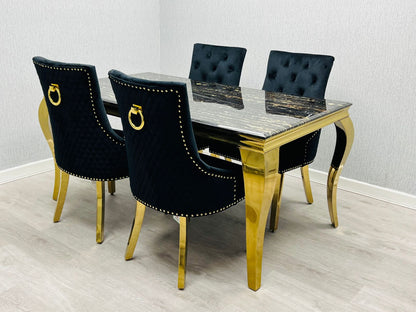 Sofia Black & Gold Dining Table – All Sizes + Black Dining Chairs