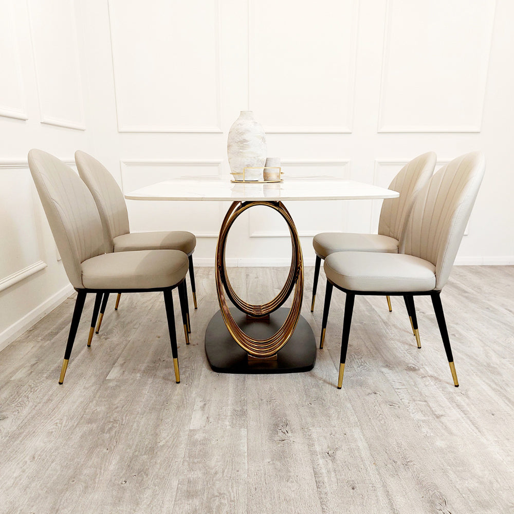 Orion Gold 1.8 Dining Table with Polar White Sintered Stone Top + Astra/Luna Chairs