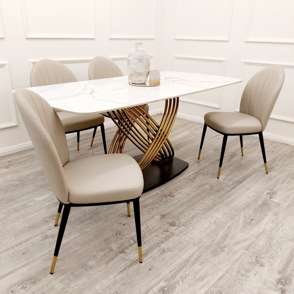 Orion Gold 1.8 Dining Table with Polar White Sintered Stone Top + Astra/Luna Chairs