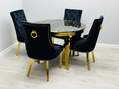 Sofia Black & Gold Dining Table – All Sizes + Black Dining Chairs