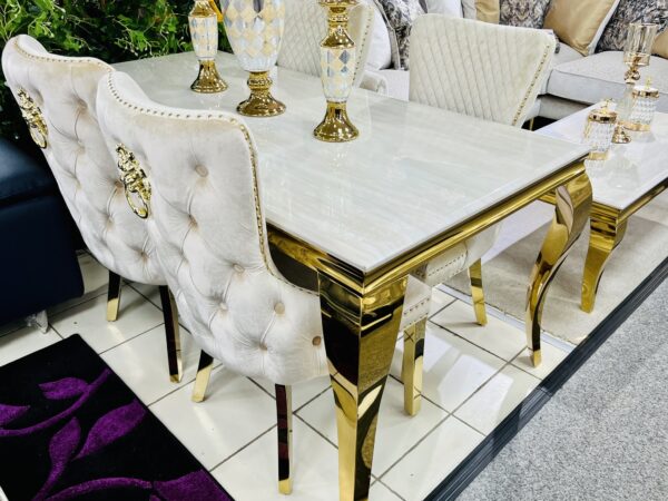 Louis Dining Table Gold with Glass/Sintered Stone Top (All Colours) 2M + Bentley Gold Chairs