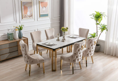 Sorrento Rectangle 180cm Ceramic Gold & Cream Table + Cream/Gold Ring Knocker Velvet Chairs