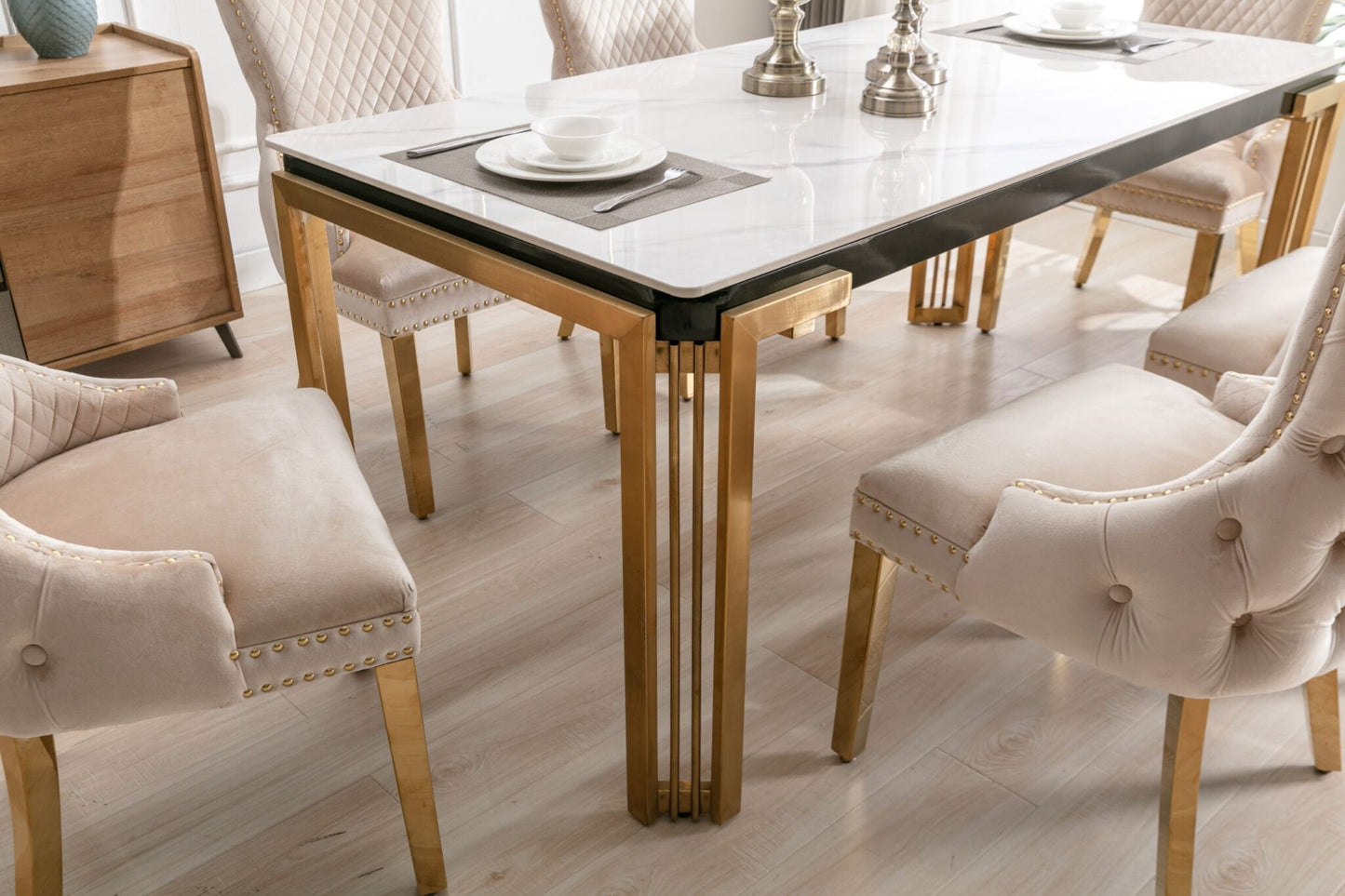 Sorrento Rectangle 150cm Ceramic Gold & Cream Table + Cream/Gold Ring Knocker Velvet Chairs