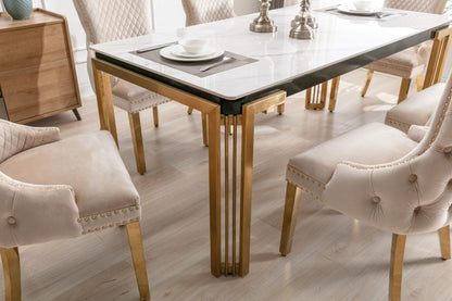 Sorrento Rectangle 180cm Ceramic Gold & Cream Table + Cream/Gold Ring Knocker Velvet Chairs