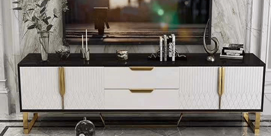 Amal Ribbed Furniture Range - TV Unit - Black, White & Gold - MyForeverFurnishings