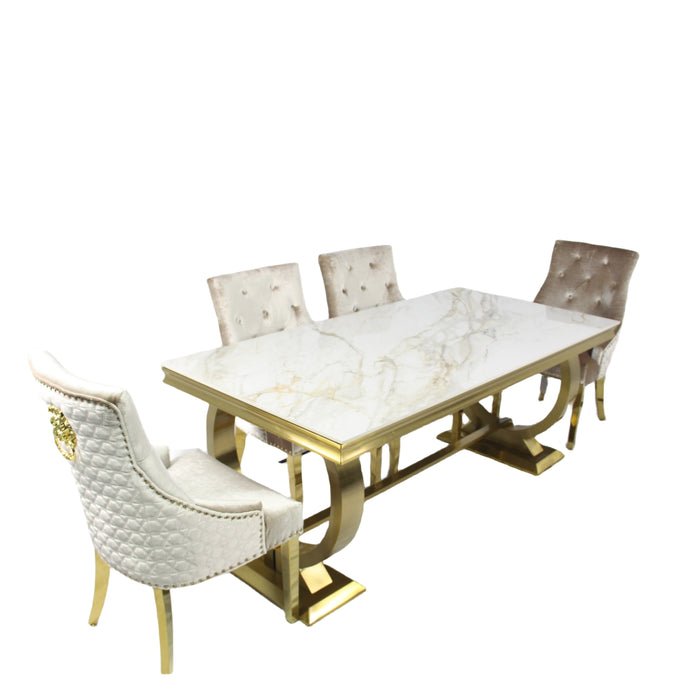 Arianna/Chelsea Gold 180cm Kasi Gold Ceramic Dining Table + 4/6 Roma Mink Dining Chair Lion Knocker Chairs - MyForeverFurnishings