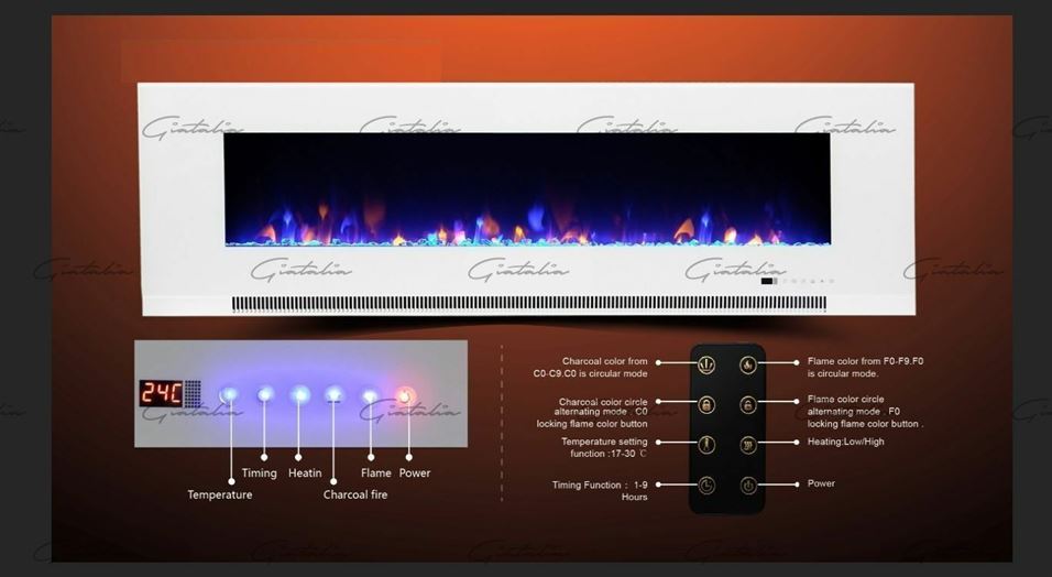 Aurora White 72 Inch Insert Electric Fire Colour LED Glass Wall Mounted Inset