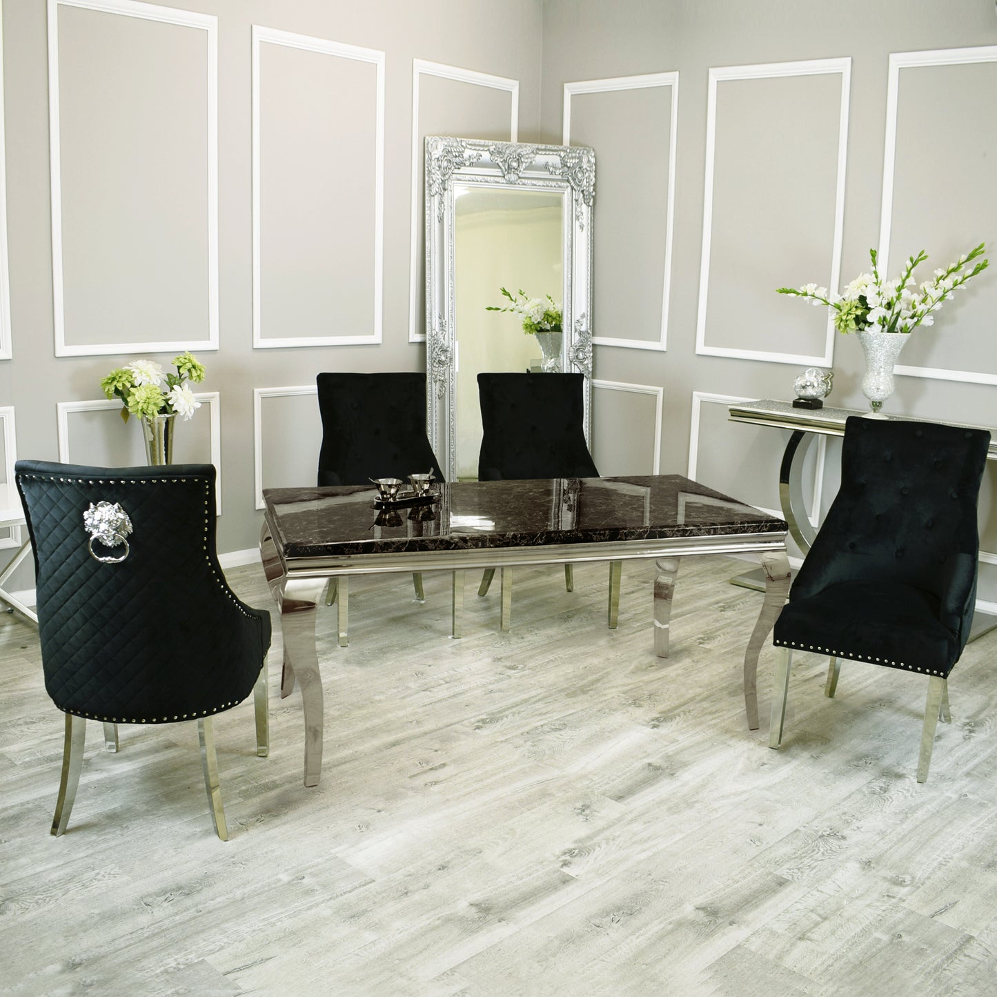 Louis Dining Table in Chrome 1.5M/1.8M (All Colours) + 4/6 Black Bentley Chairs